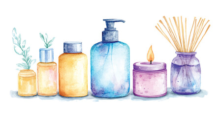 Watercolor spa set illustration with candle lotion and reed diffuser vector
