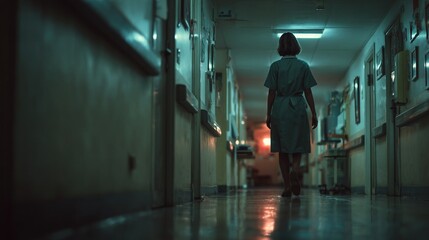 Obraz premium A nurse walks a dimly lit hospital corridor