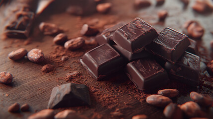 A pile of chocolate bars and chocolate powder on a wooden table
