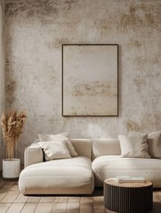 A modern living room with a couch and modern art