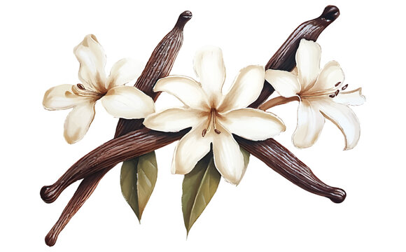 Watercolor vanilla bean pods and flowers transparent background vector png illustration