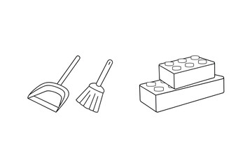 Simple line drawing of broom dustpan and building blocks for clean up and construction