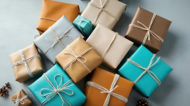 Gifts and Presents: An overhead view showcases a colorful array of meticulously wrapped gifts, perfect for a birthday, holiday, or special occasion. Each package is tied with natural twine.
