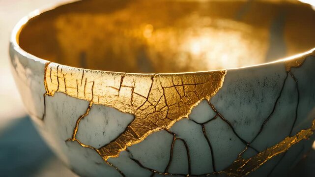 Close-up of Kintsugi Bowl: Japanese Art of Repairing Broken Pottery with Golden Joinery, Symbolizing Resilience and Beauty in Imperfection