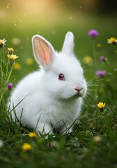 Adorable White Baby Bunny in Vibrant Flower Meadow
