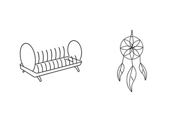 Line art illustration of a kitchen dish rack and a decorative dreamcatcher on white background.
