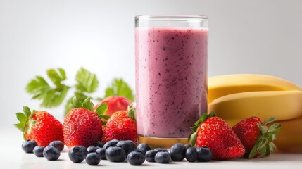 Fresh Fruit Smoothie with Strawberries, Blueberries, Bananas and Healthy Ingredients