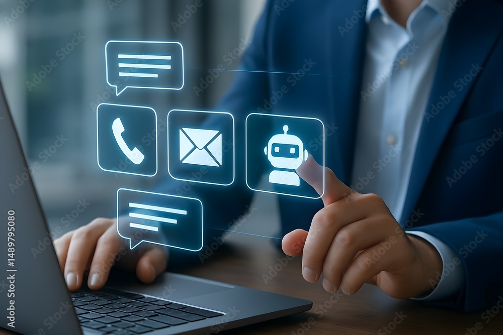 Poster a person uses a laptop, interacting with a holographic interface showing various communication metho