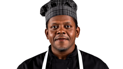 Portrait of African chef wearing hat, cut out transparent