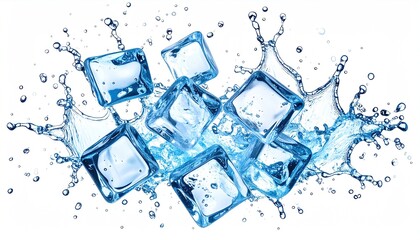 Ice cubes surrounded by splashing water droplets.