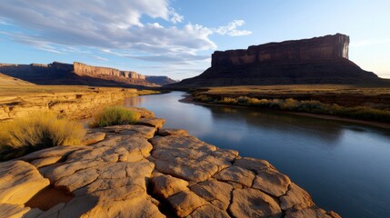 Fototapeta premium Flowing water reflects the warm colors of sunset against majestic rock cliffs. Lush grasses line the banks as the sky transitions to twilight, highlighting the natural beauty