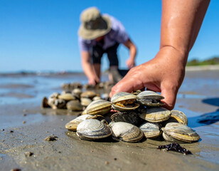 People Clam Digging on Mudflats at Low Tide