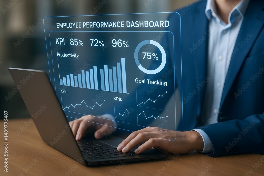 Poster a businessman analyzes key performance indicators (kpis) and productivity metrics on a transparent d