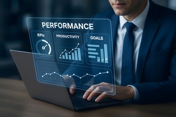 A businessman analyzes key performance indicators (KPIs), productivity, and goals on his laptop.