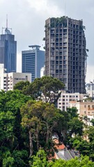 Fototapeta premium Urban Skyline with Nature Reclaiming Abandoned Buildings and Trees