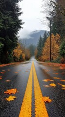 Fototapeta premium Autumn Road Wet Asphalt Path with Yellow Lines and Fallen Leaves