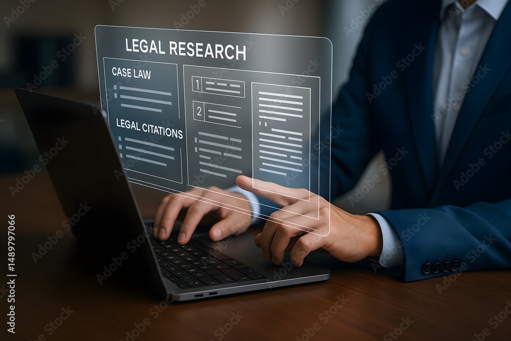 Poster a person in a business suit uses a laptop to research legal information displayed on a transparent i