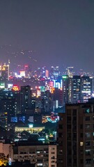 Vibrant City Skyline at Night with Neon Signs and Chaotic Layers