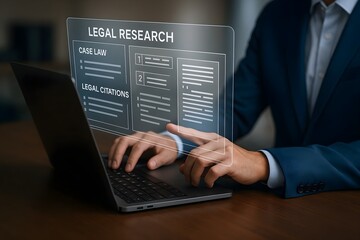 A person in a business suit uses a laptop to research legal information displayed on a transparent interface. The image conveys professionalism and technology.