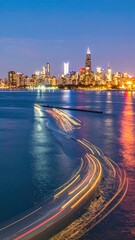 Naklejka premium Stunning City Skyline at Dusk with Reflections in Busy Harbor