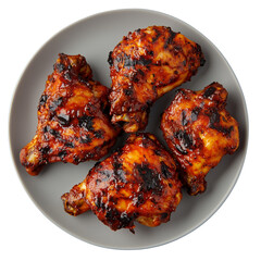 Grilled Piri Piri Chicken, thighs on a plate, showcasing a dark, charred glaze and juicy texture. isolated on white background and transparent background