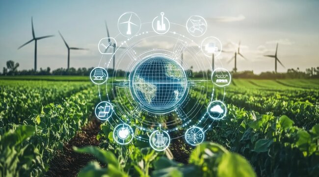 Sustainable agriculture technology.  Global agricultural solutions in a green field with wind turbines, a digital globe, and interconnected icons of various industries