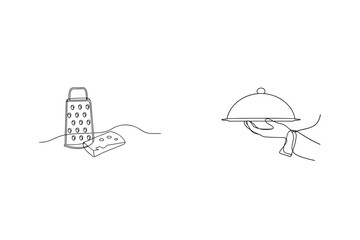 One line drawing of culinary tools with cheese and server holding cloche dish