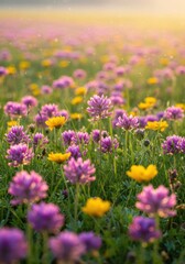 Obraz premium Vibrant Purple and Yellow Wildflowers in a Sunlit Meadow