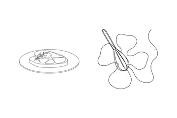 Minimalist line art illustration of steak with rosemary and whisk on white background