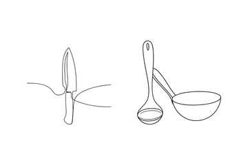 Minimalist kitchen utensils drawing in one continuous line on white background