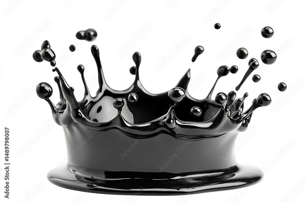 Poster black glossy liquid splashing and forming a crown shape on trasparent background