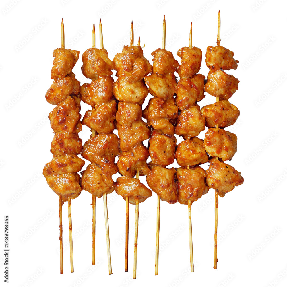 Poster grilled meat skewers arranged on sticks, showcasing a savory and appetizing appearance. isolated on 