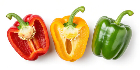 red yellow and green peppers Capsicum Images on white background 