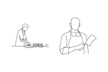 Elegant line drawing depicting culinary chefs preparing food and holding a cleaver