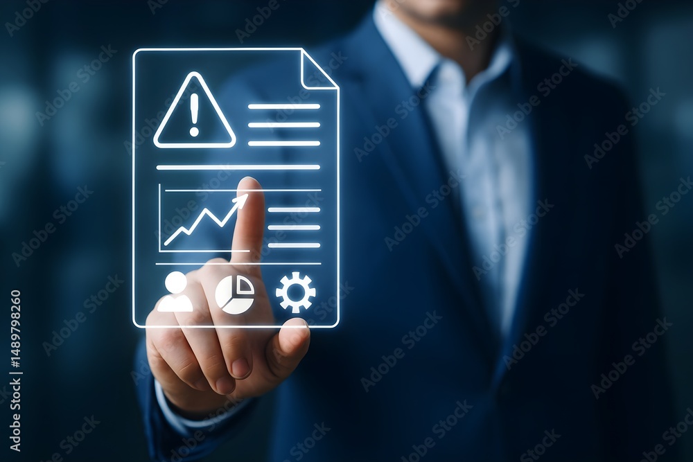Poster a businessman interacts with a transparent digital document displaying graphs, a warning sign, and o
