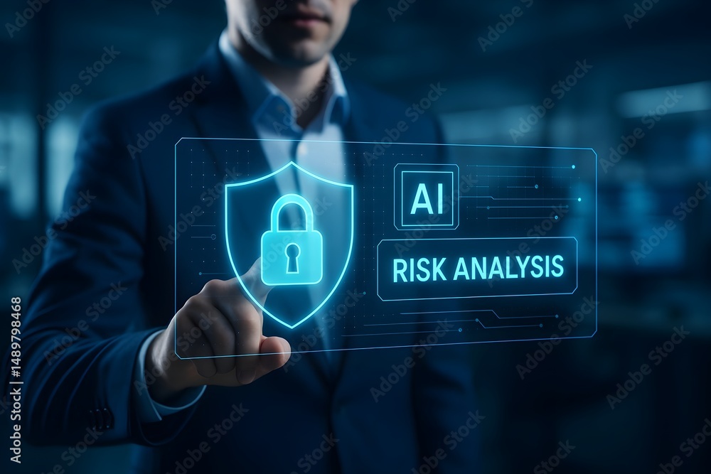 Poster a businessman interacts with a futuristic interface showcasing ai-driven risk analysis, emphasizing 
