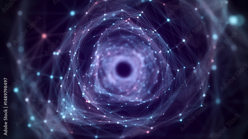Poster cyber tunnel consisting of moving glowing points. futuristic infinite space background. concept of d