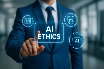 A businessman in a suit interacts with a futuristic touchscreen displaying AI Ethics, emphasizing responsible technology.
