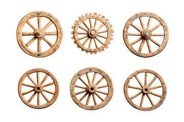 Fototapeta premium Six vintage wooden wheels displayed against a trasparent background