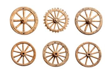 Six vintage wooden wheels displayed against a trasparent background