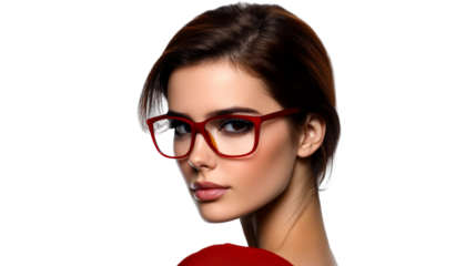 Short-haired woman wearing red glasses, looking back, cut out transparent