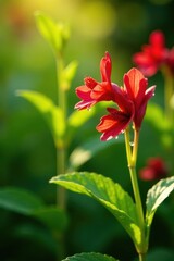 Obraz premium Vibrant Red Flowers Basking in Golden Sunlight, Showcasing Delicate Petals and Lush Green Foliage