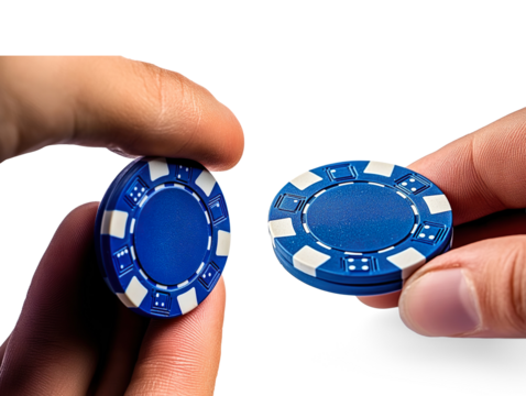 Hand Holding Blue Poker Chip on a Transparent Background