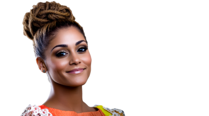 Smiling African woman portrait with dreadlocks hairstyle, cut out transparent
