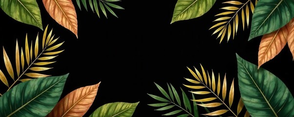 Golden leaves forest pattern on black floral background Tropical monstera & palm frame , frame, backdrop