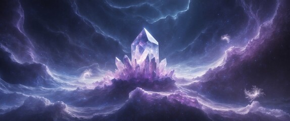 The Celestial Spire. A Luminescent Crystal Formation Amidst a Cosmic Nebula Landscape