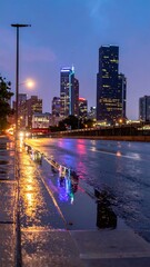 Obraz premium City Skyline Reflections in Wet Streets After Heavy Rain Shower