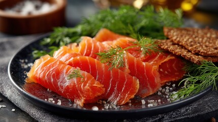 Close-up of sliced cured salmon with herbs and rye crispbread on dark plate perfect for Scandinavian food themes, recipe books and gourmet product promotions