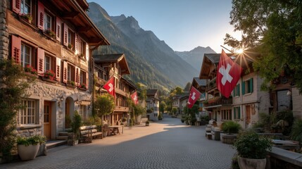Obraz premium Traditional Swiss alpine village street decorated with national flags at sunrise representing heritage, Swiss National Day atmosphere and peaceful mountain living