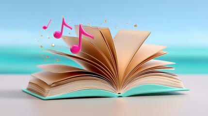 Open book with flying pink musical notes in minimal pastel setting perfect for education, literature and music creativity themed concepts